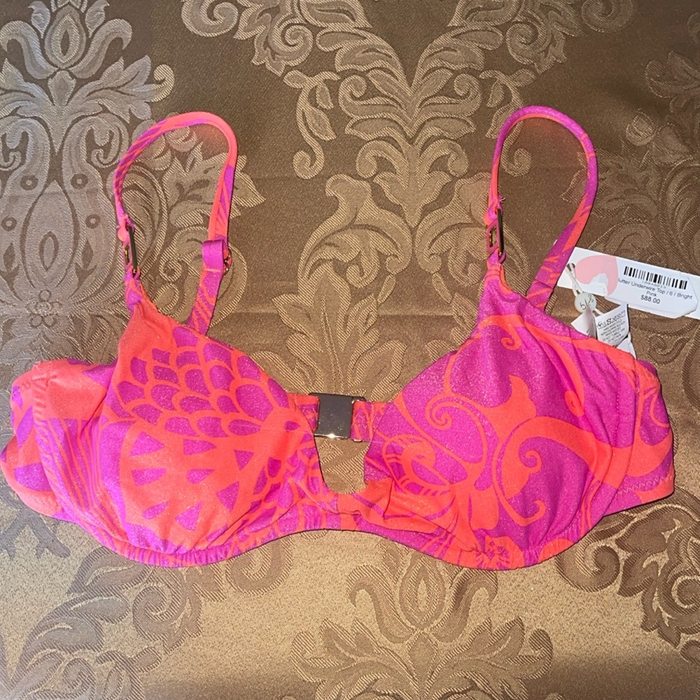 Bathing suit top by sunshine 79 size 6. Fuchsia and orange with gold hardware.